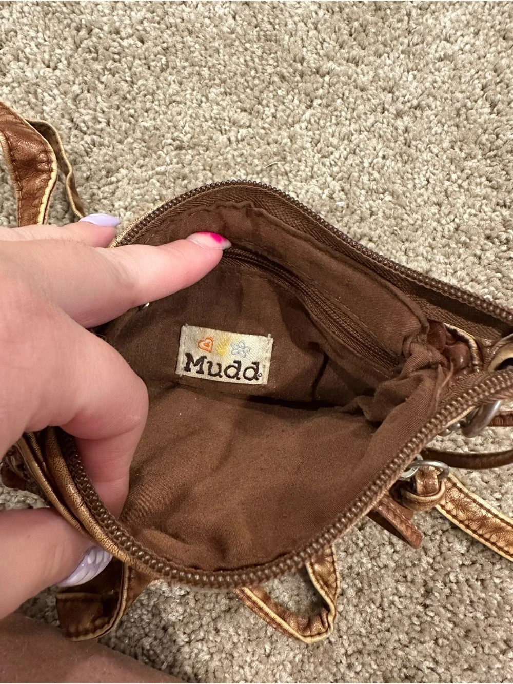 Mudd Denim and Distressed Brown Studded Crossbody Bag